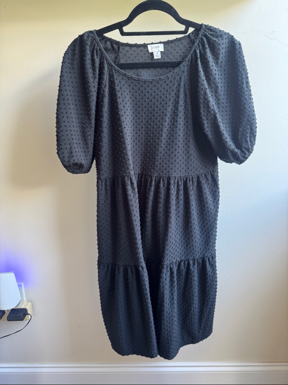J. Crew Black Swiss Dot Puff Sleeve Tiered Dress size S, used like new